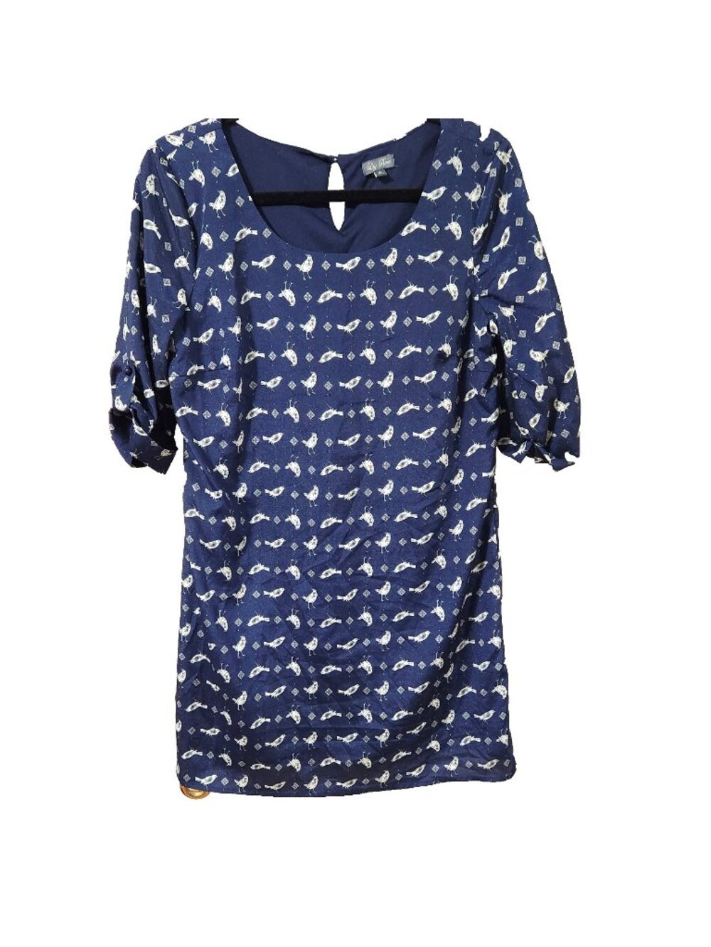 Lilly Rose Blue Puff Sleeve Dress White Bird Print Short Sleeve Keyhole Back M